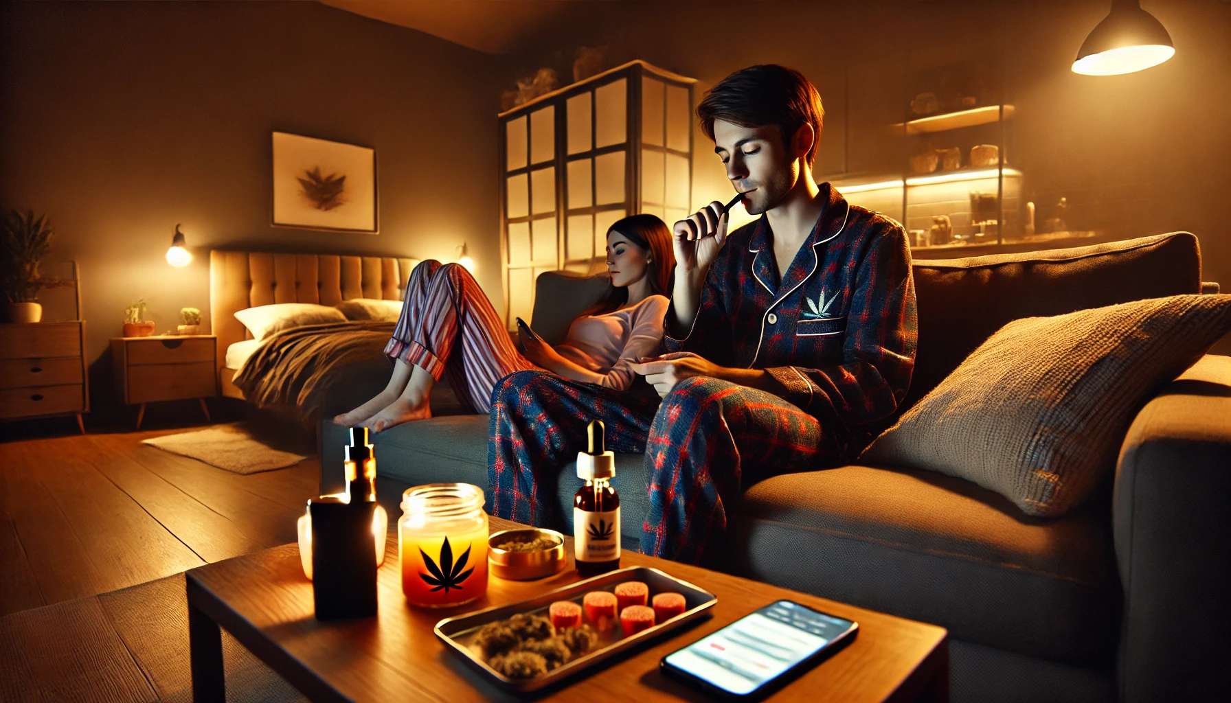 Couple relaxing at home with cannabis products, including a vape, edibles, and CBD oil, on a cozy evening